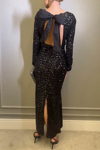 Robe de soirée sexy à sequins unis avec nœud et col rond 