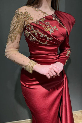 Red Long Sleeves Mermaid Evening Gown With Beadings