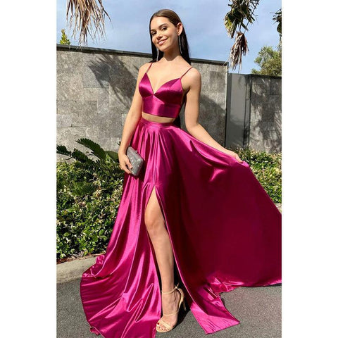 Vestido de fiesta de dos piezas con escote en V, tirantes finos y bolsillos 