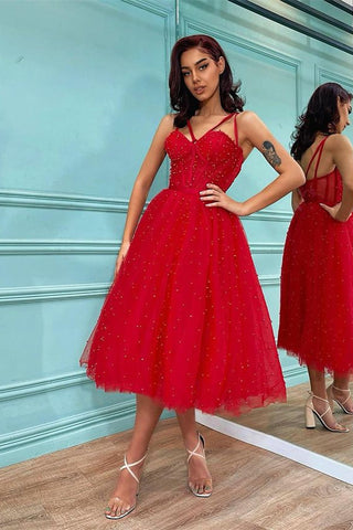 Short Red A-line Sweetheart Tulle Backless Prom Dresses