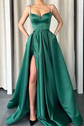 A Line Spaghetti Straps Green Long Prom Dress with Split Front