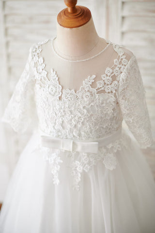 A-line Lace Tulle Floor-length First Communion Flower Girl Dress