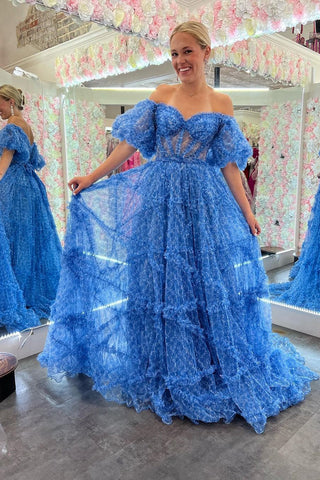 Vestido de graduación azul corsé con hombros descubiertos y mangas cortas de Unreal Date A Line