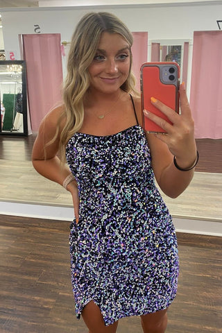 Sparkly Sheath Spaghetti Straps Purple Sequins Short Homecoming Dress with Criss Cross Back
