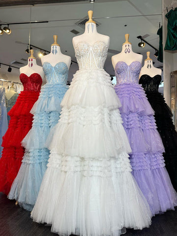A-Line Sweetheart Tiered Long Tulle Prom Dress
