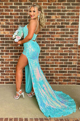 Sequins Spaghetti Straps Appliques Prom Dress with Slit