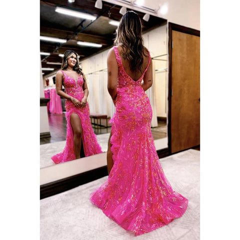 Vestido de noche largo con escote en V y apliques en forma de A con abertura