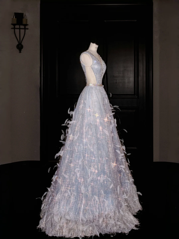 Robe de bal glamour en tulle à col en V, ornée de perles et de plumes, coupe trapèze, référence Y8682