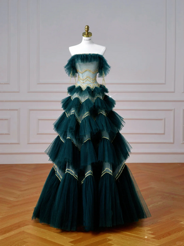 Robe de bal vintage vert foncé en tulle à sequins superposés, coupe trapèze, sans bretelles, Y8606