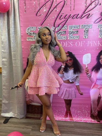 Vestido de cóctel brillante con lentejuelas y cuello halter, vestido rosa de corte A para fiesta de bienvenida Y4245