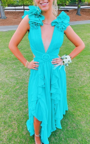 Vestido largo de fiesta sencillo con escote en V y volantes, corte en A, modelo Y4626