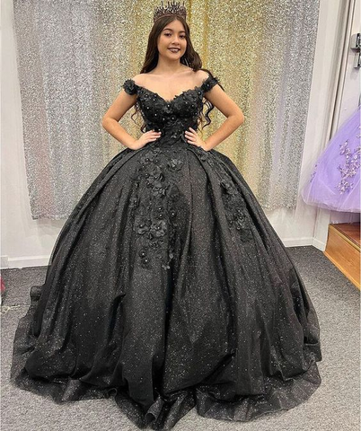 Robe de princesse à paillettes noires et perles pour quinceañera, robe de bal pour les 15 et 16 ans (Y5745)