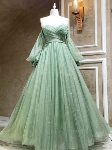 Vestido largo de fiesta verde de tul con escote corazón y corte en A, vestido de noche formal verde Y3033