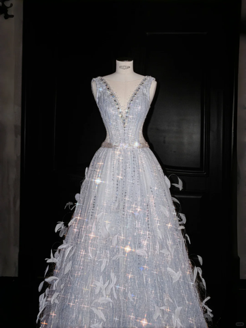 Robe de bal glamour en tulle à col en V, ornée de perles et de plumes, coupe trapèze, référence Y8682