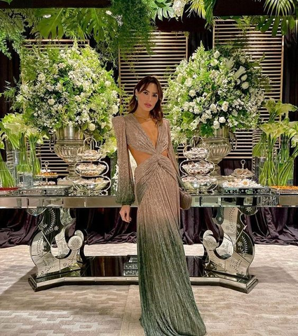 Robe de soirée élégante à manches longues et décolleté plongeant en V, modèle Y6180