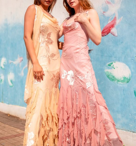 Robe de soirée sirène à fines bretelles, imprimé mousseline et volants perlés, référence Y8254