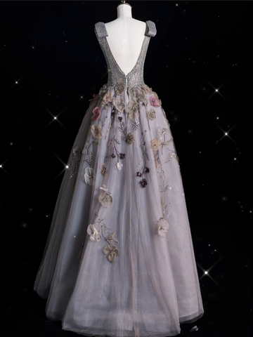 Vestido de baile largo de noche con escote en V, tul gris y estampado floral, modelo Y7953