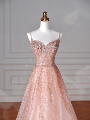 Robe de bal rose pailletée en tulle à sequins et perles, bretelles spaghetti, coupe trapèze, référence Y8619