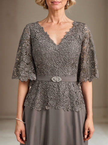 A-line V-Neck Floor-Length Chiffon Lace Mother of the Bride Dress With Crystal Brooch Rhinestone