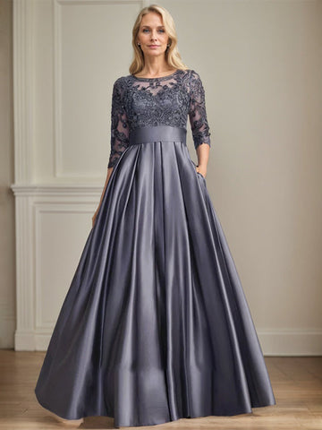 A-line Scoop Illusion Floor-Length Satin Lace Mother of the Bride Dress With Sequins Bow