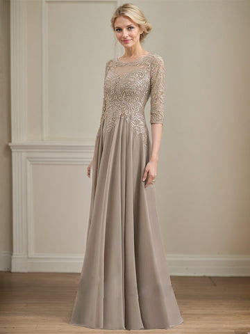 A-line Scoop Illusion Floor-Length Lace Chiffon Mother of the Bride Dress With Sequins