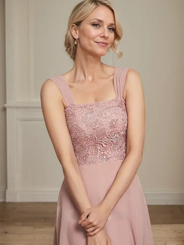 A-line Square Tea-Length Chiffon Lace Mother of the Bride Dress With Sequins Beading