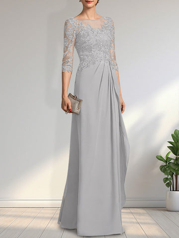 A-line Scoop Illusion Floor-Length Chiffon Lace Mother of the Bride Dress With Beading Sequins Cascading Ruffles