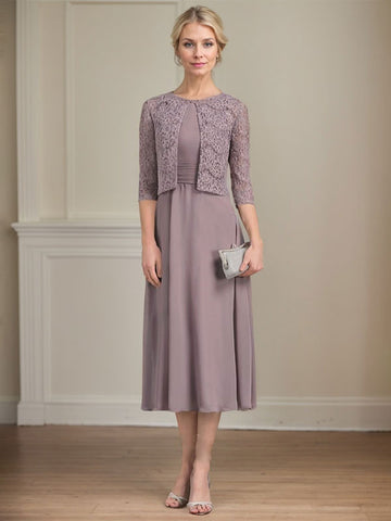 A-line Scoop Tea-Length Chiffon Mother of the Bride Dress With Pleated