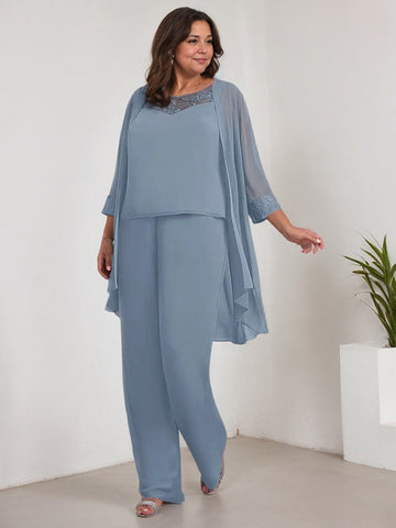 Chiffon Scoop Long Sleeves Mother Of The Bride Pantsuits With Jacket