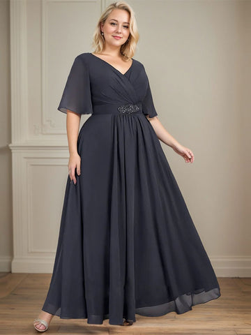 A-line V-Neck Ankle-Length Chiffon Mother of the Bride Dress With Pleated Beading Sequins