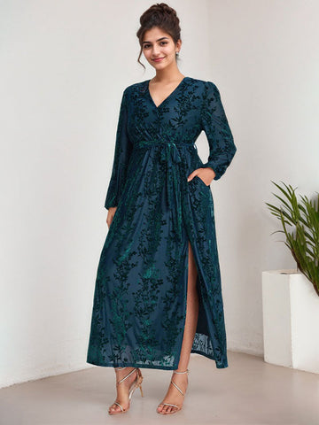 A-Line V-Neck Long Sleeves Velvet Tea-Length Mother of the Bride Dress With Split