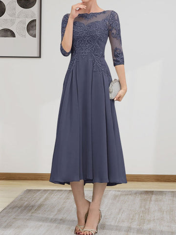 A-line Scoop Illusion Tea-Length Chiffon Lace Mother of the Bride Dress With Beading Sequins