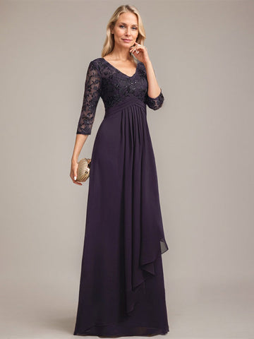 A-line V-Neck Floor-Length Lace Chiffon Mother of the Bride Dress With Cascading Ruffles Sequins