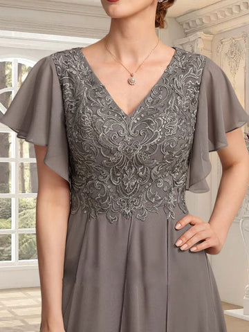 A-line V-Neck Ankle-Length Lace Chiffon Mother of the Bride Dress With Cascading Ruffles