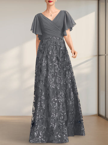A-line V-Neck Floor-Length Lace Sequin Chiffon Mother of the Bride Dress With Pleated