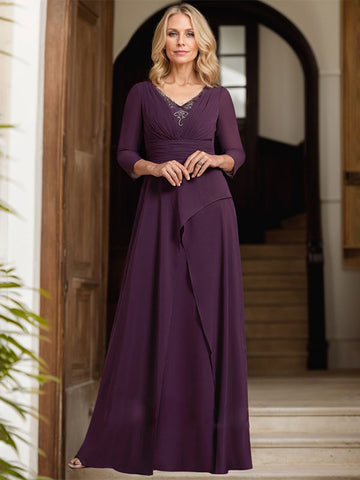 A-line V-Neck Floor-Length Chiffon Mother of the Bride Dress With Pleated Beading