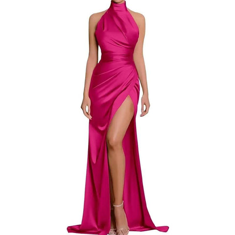 Robe de bal longue à décolleté haut et fente haute