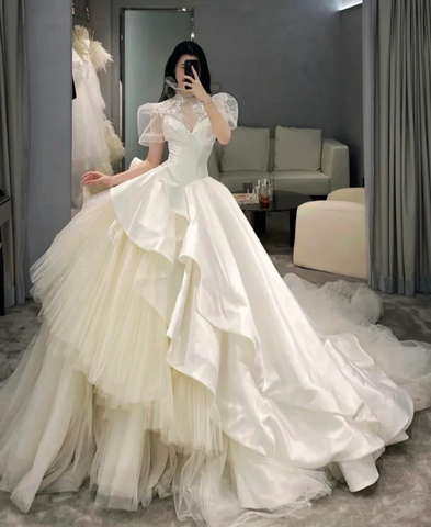 Vestido de novia elegante de corte A y manga larga, modelo Y6789