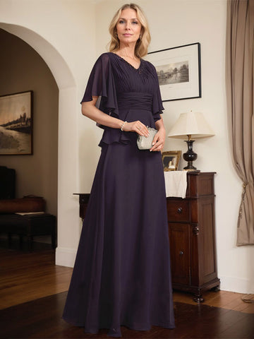 A-line V-Neck Floor-Length Chiffon Mother of the Bride Dress With Pleated Beading