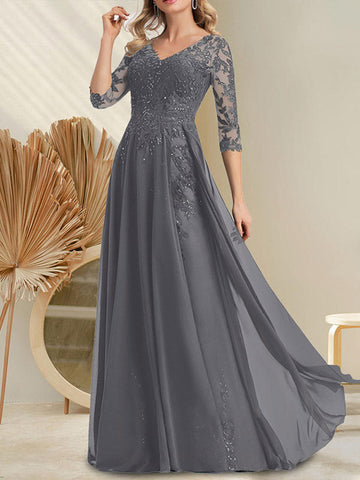 A-line V-Neck Floor-Length Lace Chiffon Mother of the Bride Dress With Sequins