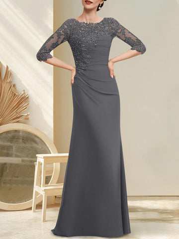A-line Scoop Floor-Length Chiffon Lace Mother of the Bride Dress With Beading Pleated Sequins