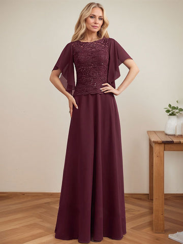 A-line Scoop Illusion Floor-Length Lace Chiffon Mother of the Bride Dress With Sequins
