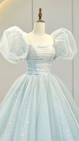 Robe de bal longue bleue à manches bouffantes et coupe trapèze, robe de soirée formelle en tulle Y2932