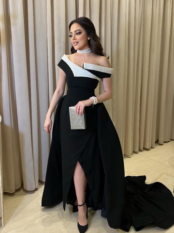 Nouvelle robe de soirée trapèze noire style Arabie Dubaï, épaules dénudées, fente latérale, élégante pour occasions formelles Y4689