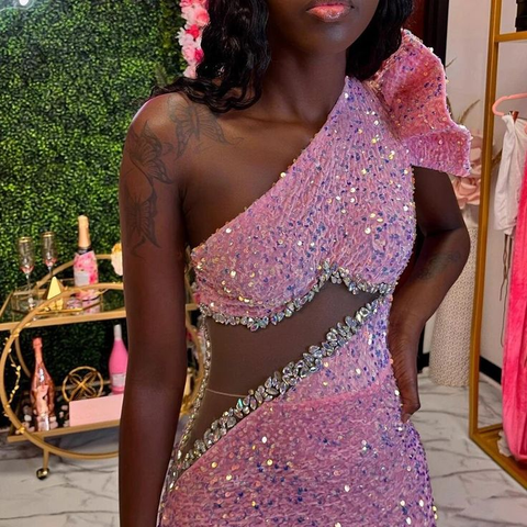 Robe de soirée rose à sequins et perles, robe de bal sirène asymétrique Y6681