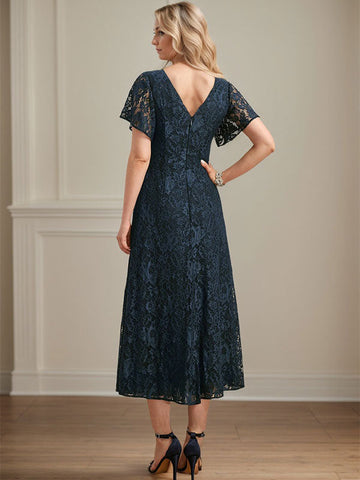 A-line V-Neck Tea-Length Lace Chiffon Mother of the Bride Dress