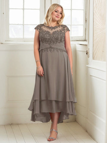 A-line Boat Neck Illusion Asymmetrical Chiffon Lace Mother of the Bride Dress With Applique Pleats