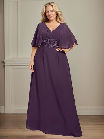 A-line V-Neck Floor-Length Chiffon Mother of the Bride Dress With Pleated Sequins Appliques Lace