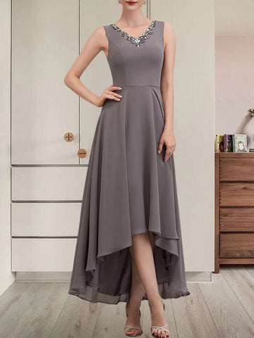 A-line V-Neck Asymmetrical Chiffon Mother of the Bride Dress With Beading Sequins