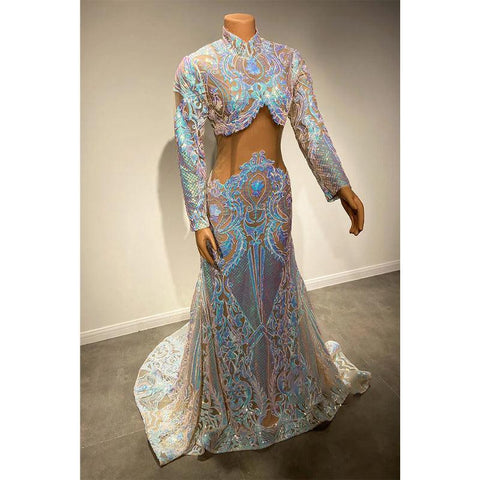 Robe de bal sirène à col haut et paillettes appliquées, unique pour fille noire 